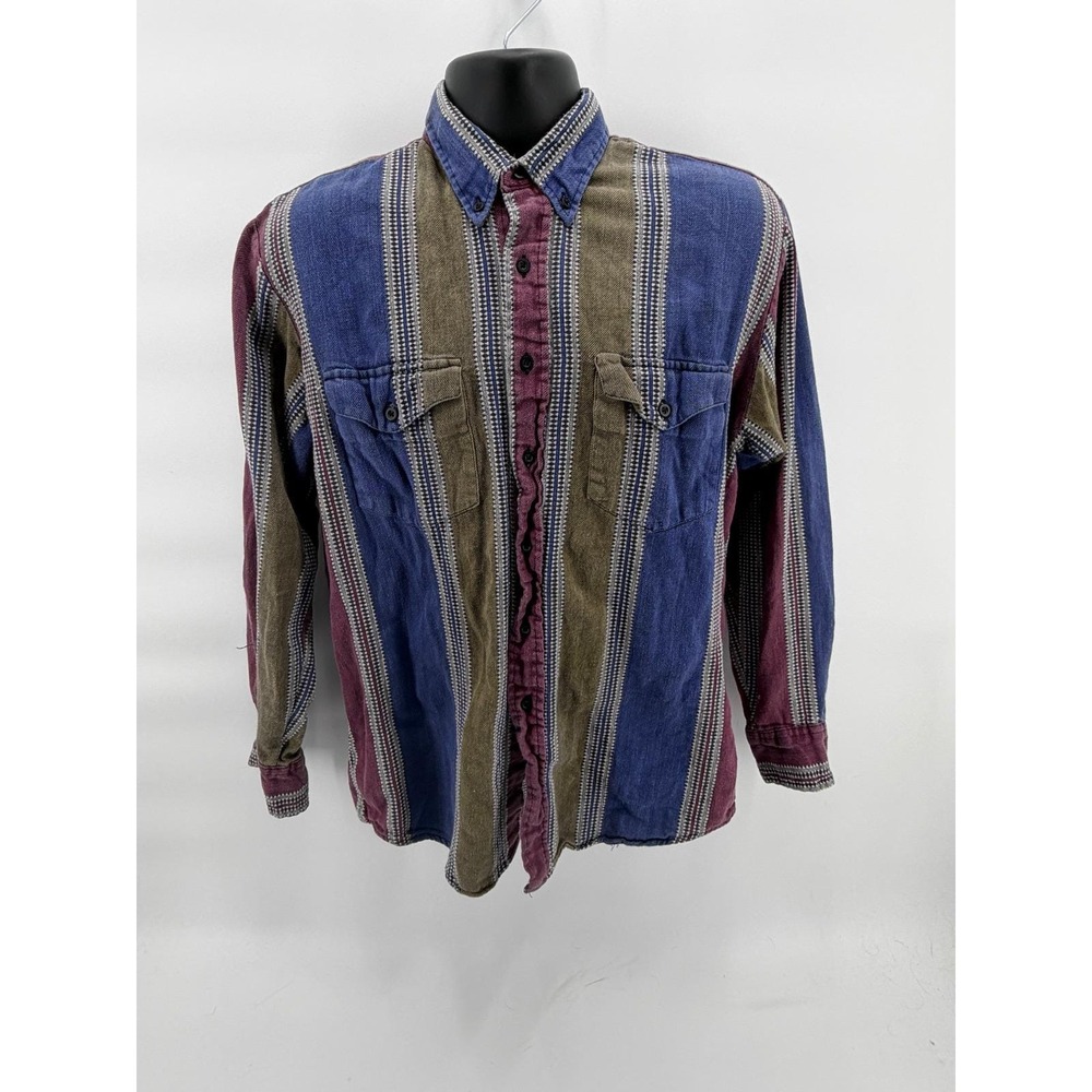 Karman Western Shirt Mens Large Blue Olive Burgundy Striped Woven Button Down